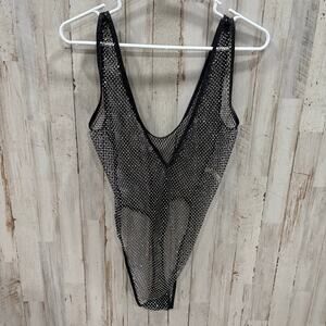Roma Confidential Fishnet Teddy Lingerie Sexy Rhinestone Bodysuit Thong M/L